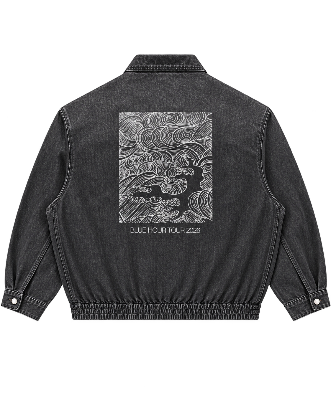 Blue Hour Work Jacket back — vintage-washed black jacket with white wave artwork and BLUE HOUR TOUR 2026 text