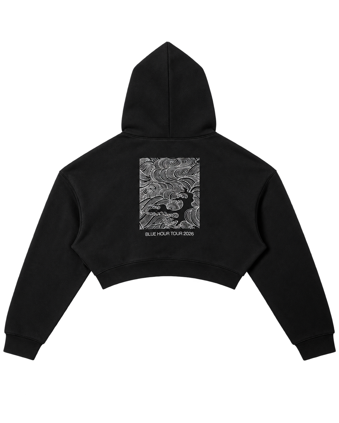 Blue Hour Cropped Hoodie back — black cropped hoodie with white BLUE HOUR TOUR 2026 artwork
