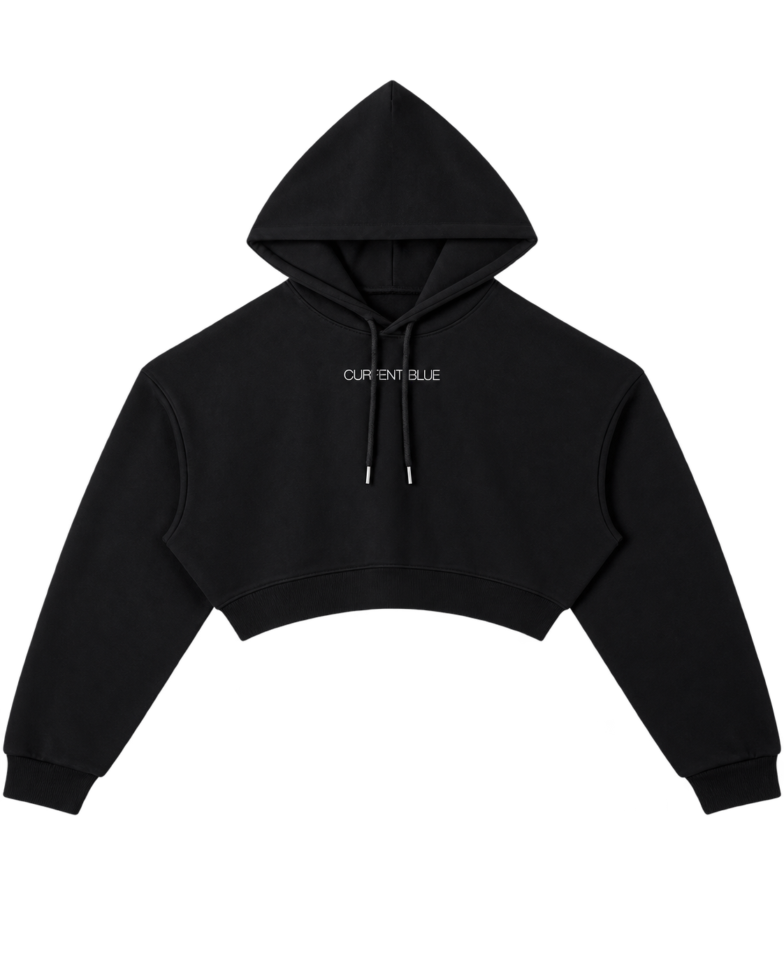 Blue Hour Cropped Hoodie front — black cropped hoodie with white CURRENT BLUE chest treatment