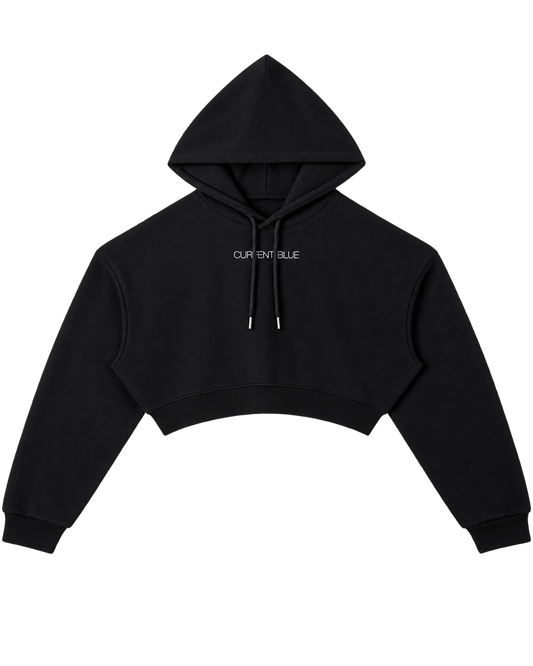 Blue Hour Cropped Hoodie front — black cropped hoodie with white CURRENT BLUE chest treatment
