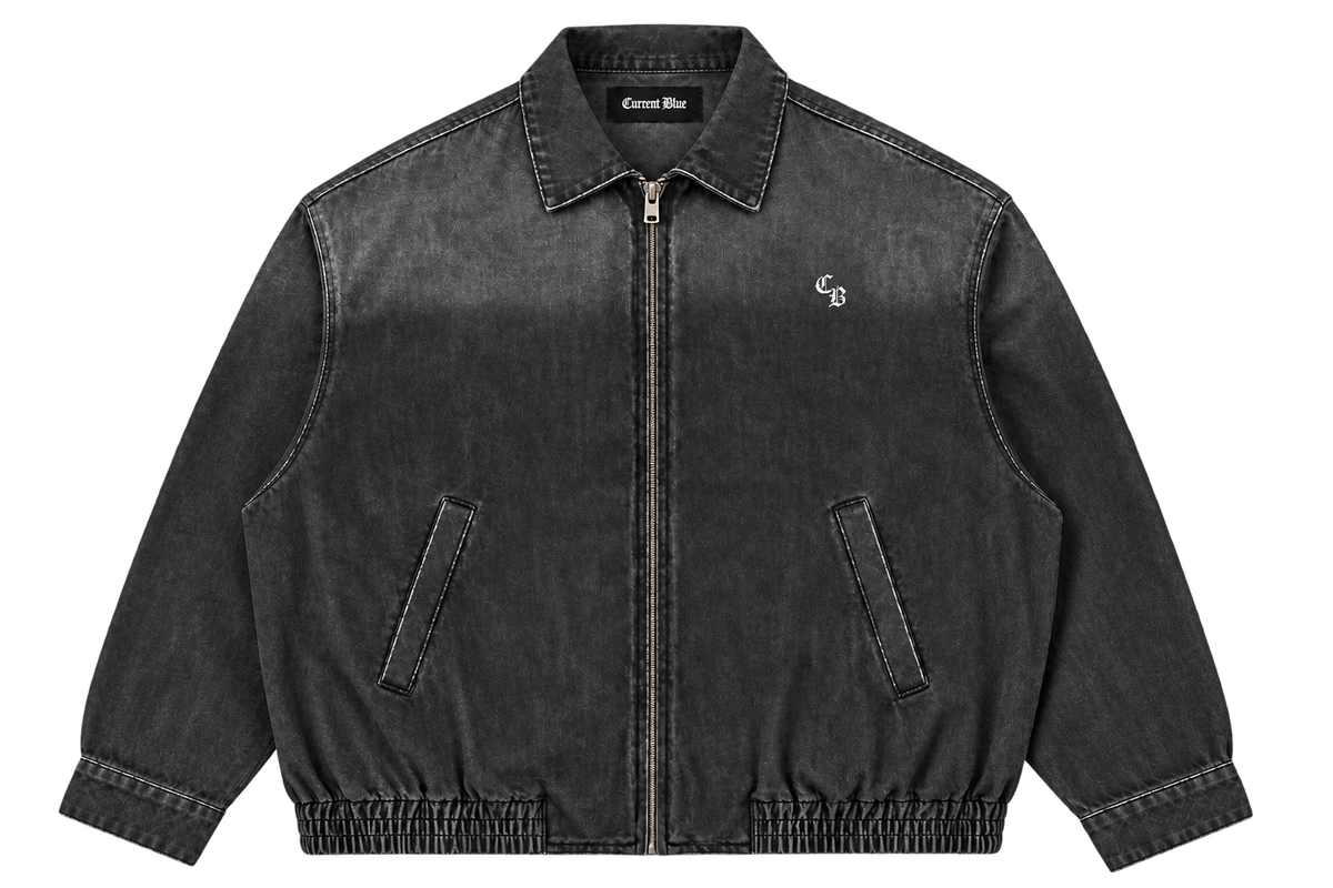 Blue Hour Work Jacket front — vintage-washed black full-zip jacket with white CURRENT BLUE chest mark