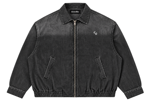 Blue Hour Work Jacket front — vintage-washed black full-zip jacket with white CURRENT BLUE chest mark